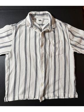 American Eagle Men's Medium Button-Up Shirt Cream Navy Striped Cotton Blend